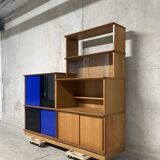 Asymmetrical golden oak display case bookcase Oscar vintage furniture from the 60s