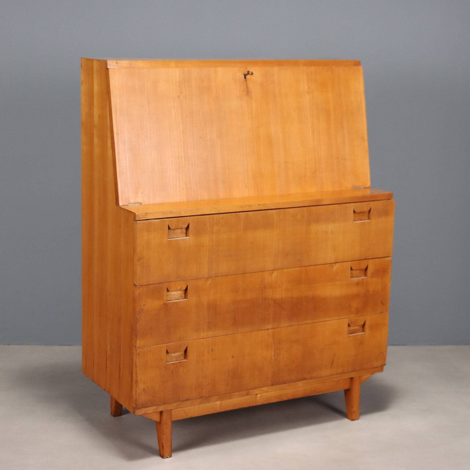 Vintage cabinet with drop-down design, wood, 3 drawers from the 1960s, original