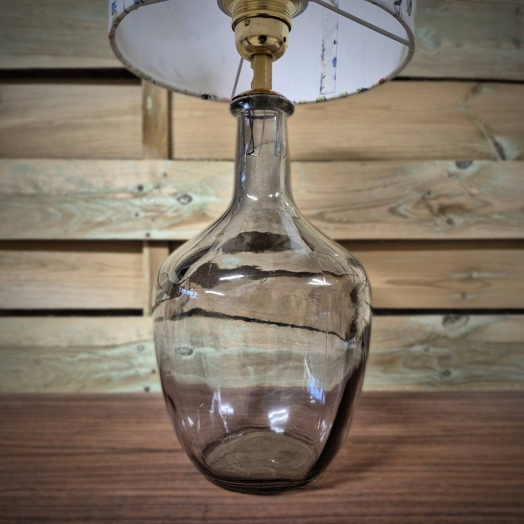 Table lamp, bedside lamp, smoked glass base and cylindrical lampshade