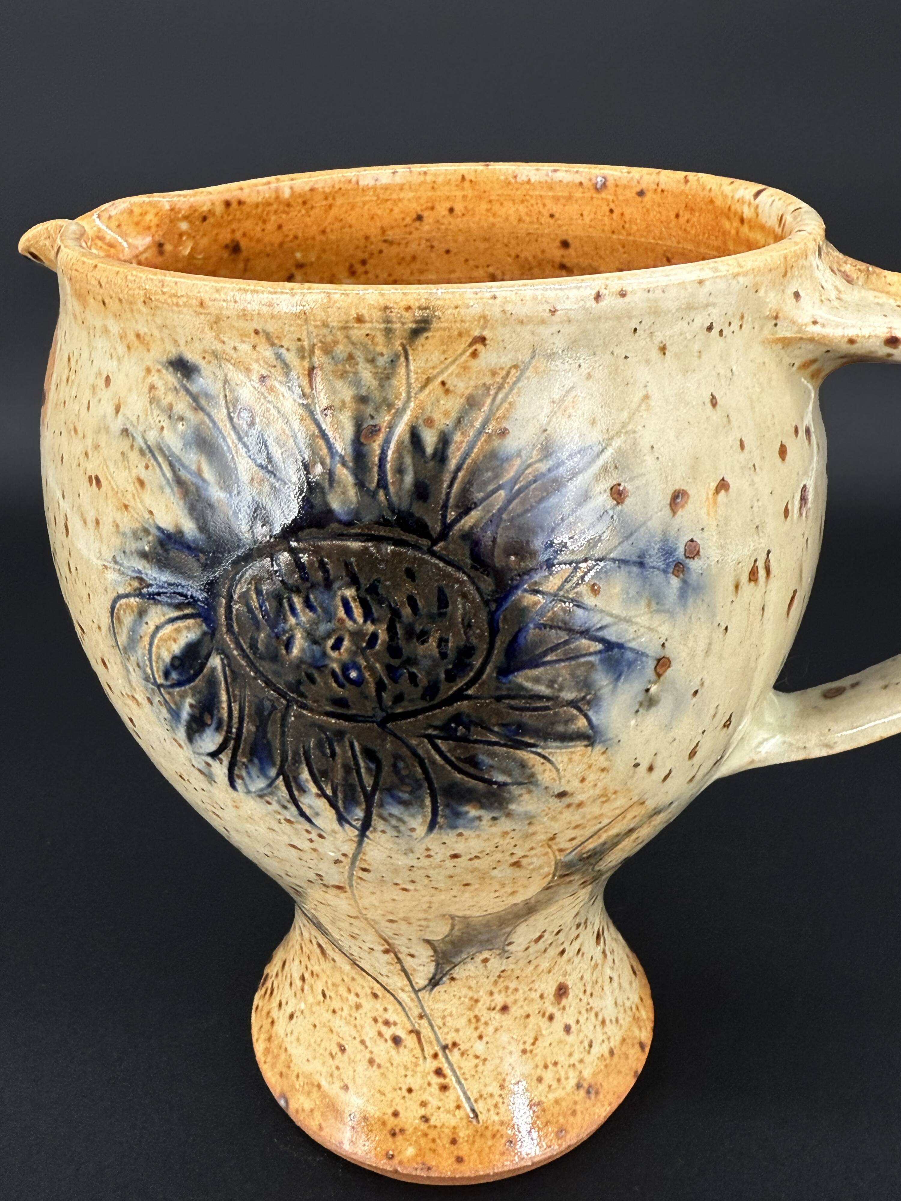 Stoneware pitcher signed Suzanne Dauliach – Incised Floral Thistle Decor