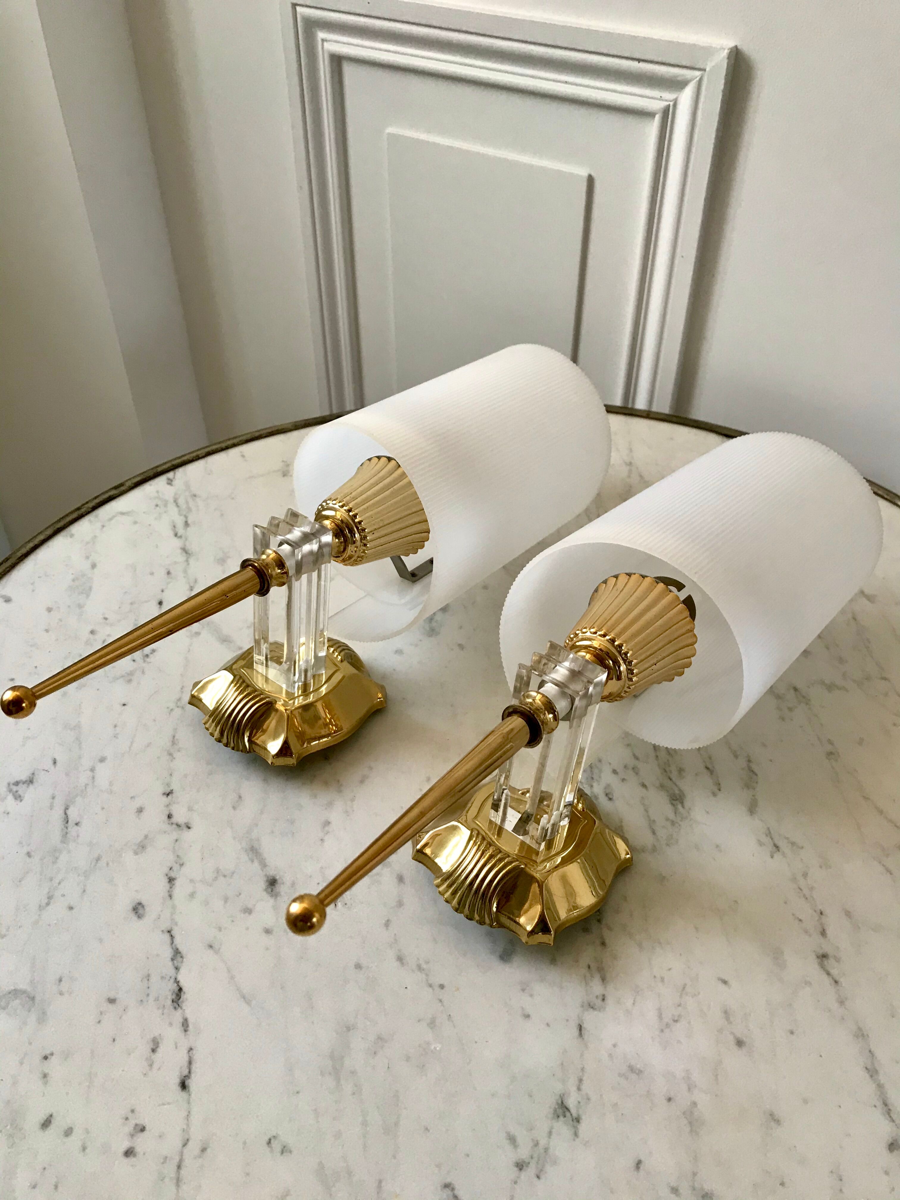 Pair of gold steel wall lamps, plexi and pleated plastic shades 60s-70s