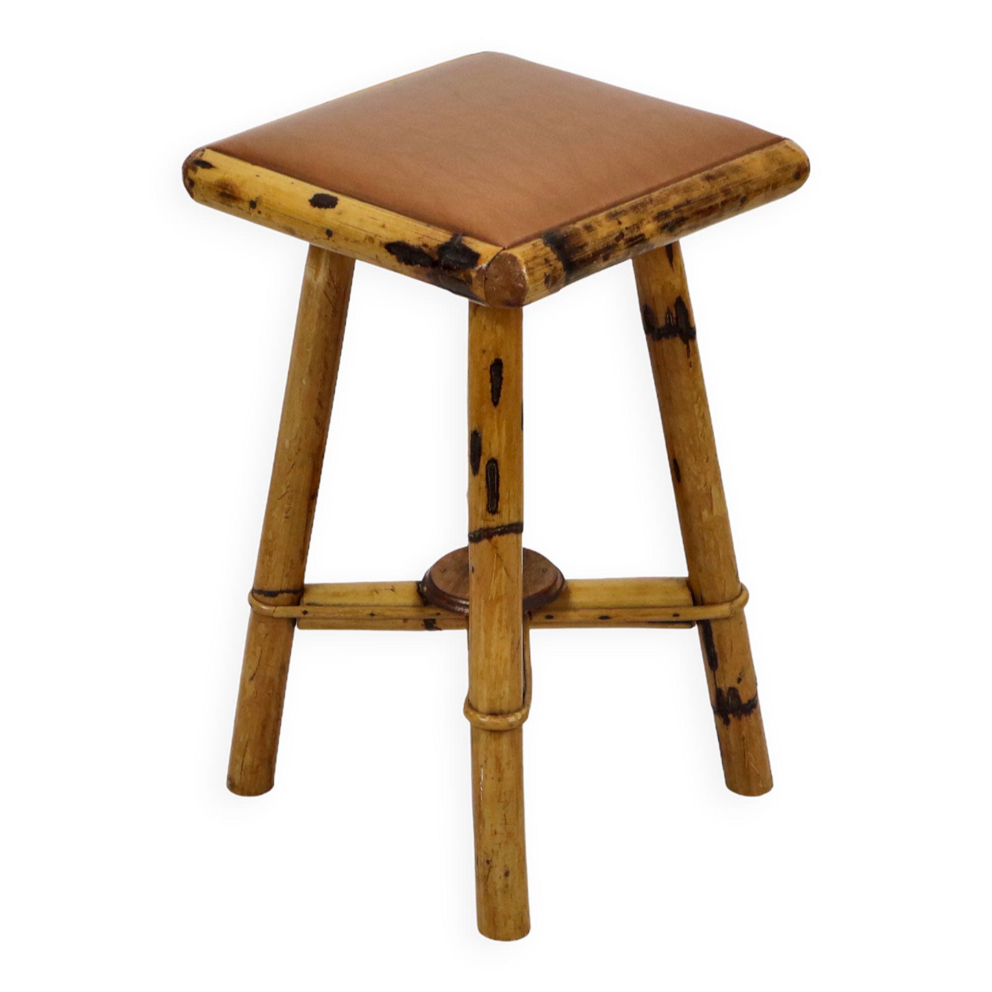 Vintage stool bamboo wood skai leather wooden tabuuret 49cm