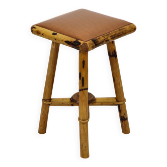 Vintage stool bamboo wood skai leather wooden tabuuret 49cm
