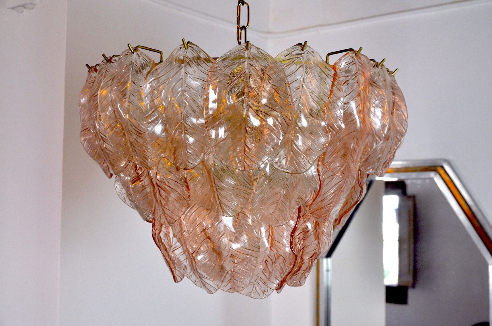 Chandelier "Leaves" murano mazzega, pink glass, italy, 1960