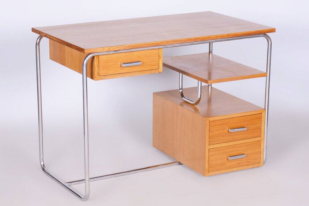 Bauhaus Writing Desk in Oak, Chrome-Plated Steel, Germany, 1930s