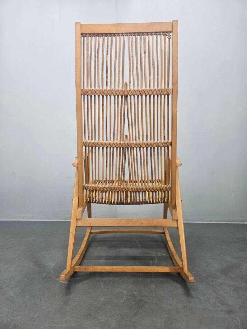 Rare Midcentury Wood and Rattan Rocking Chair, Denmark, 1960s