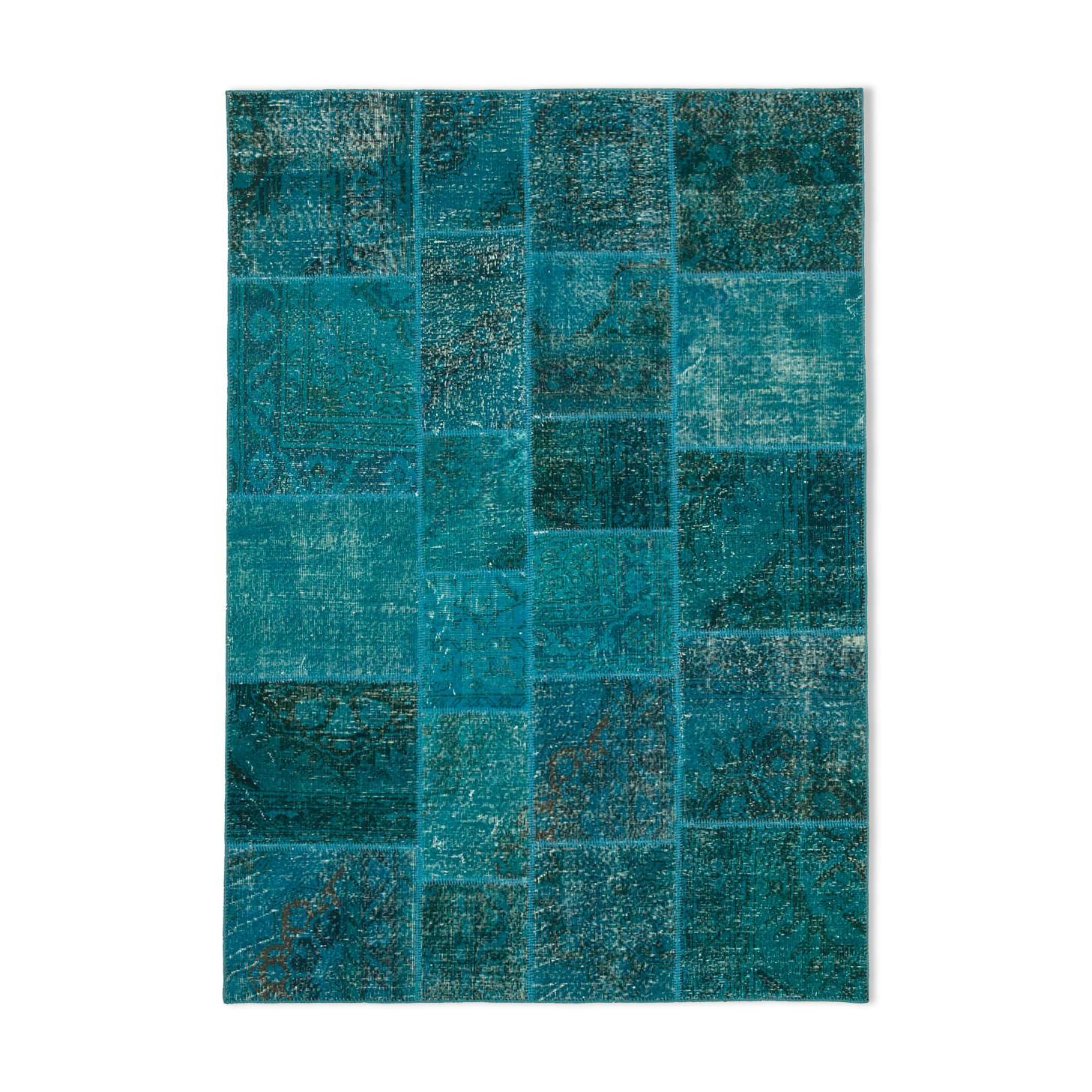 Handwoven oriental overdyed 171 cm x 243 cm turquoise patchwork carpet