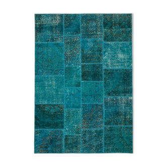 Handwoven oriental overdyed 171 cm x 243 cm turquoise patchwork carpet