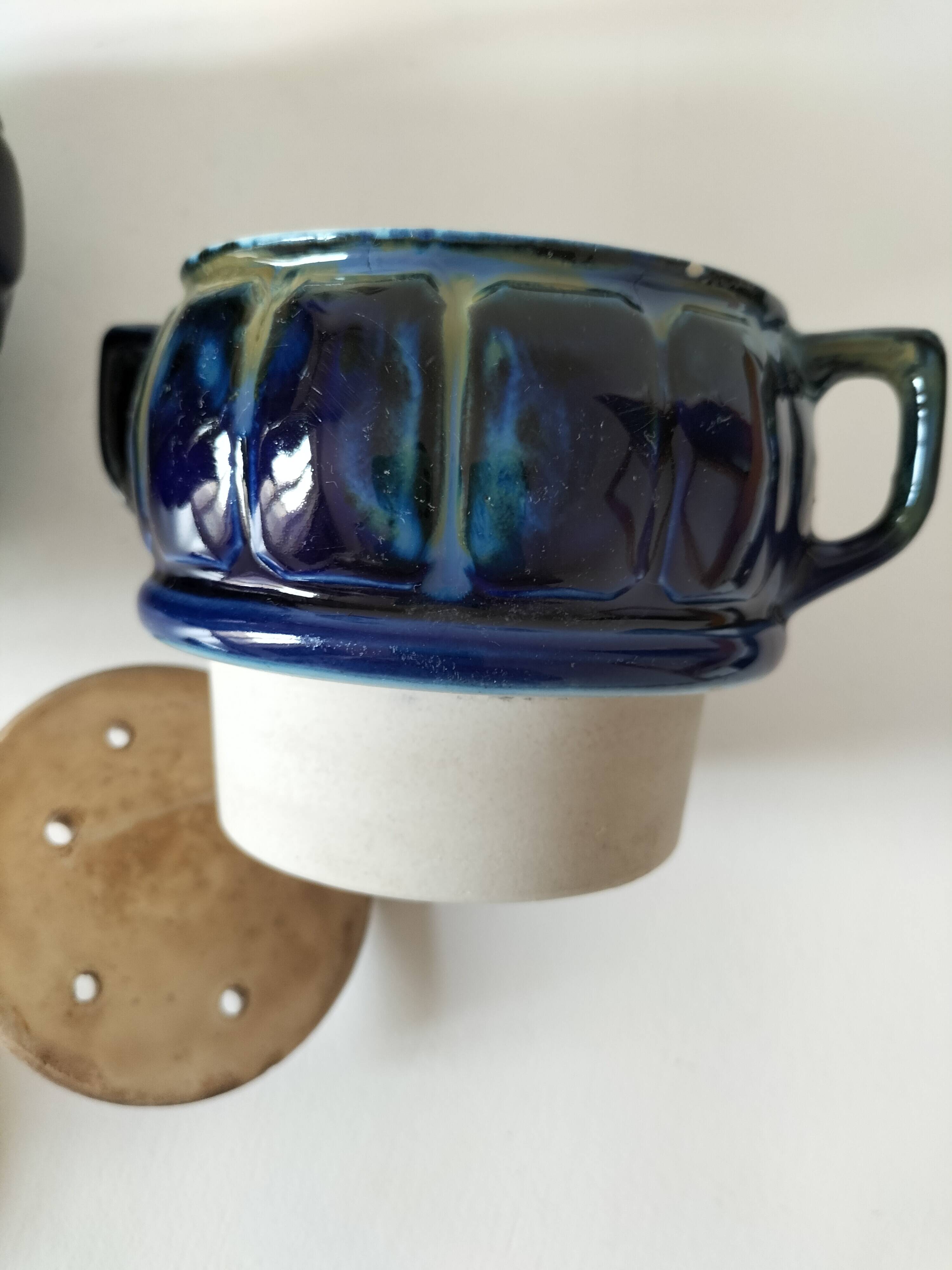 Midnight blue and flamed beige enameled ceramic filter coffee maker