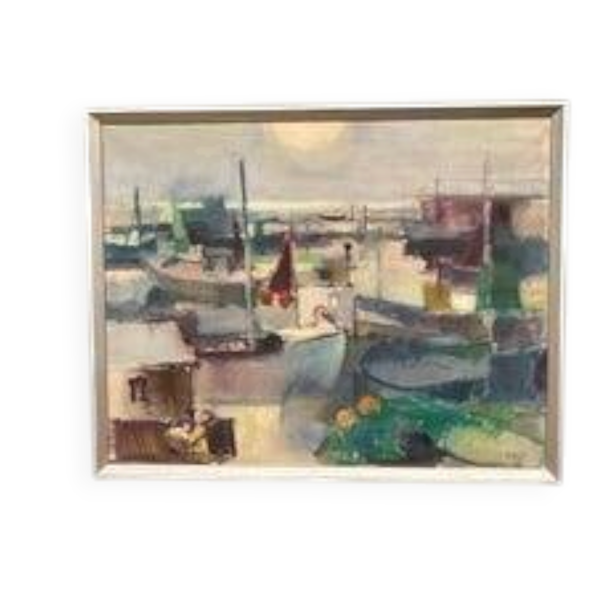 Large Original Swedish Oil on Canvas – “Port” by Finn Hillerup – Signed – Vintage & Framed