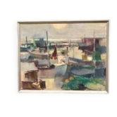 Large Original Swedish Oil on Canvas – “Port” by Finn Hillerup – Signed – Vintage & Framed
