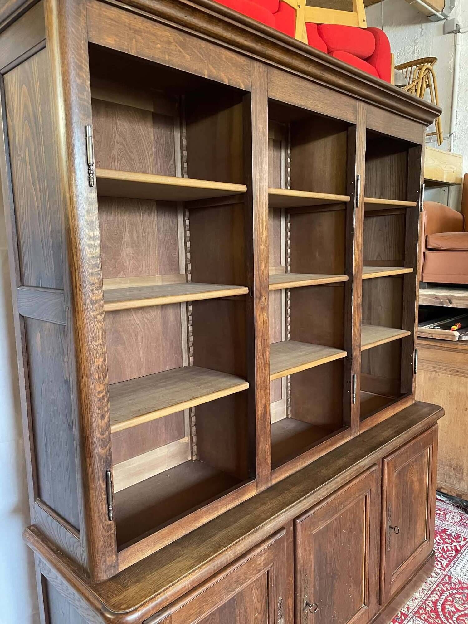 Large antique two-body library in solid oak – 3 glass doors