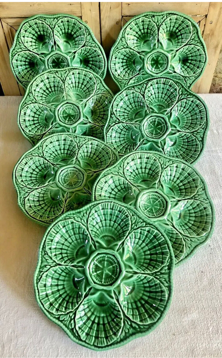 7 old oyster plates Sarreguemines green slurry
