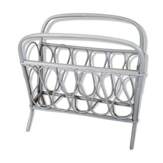 Vintage rattan magazine rack painted gray