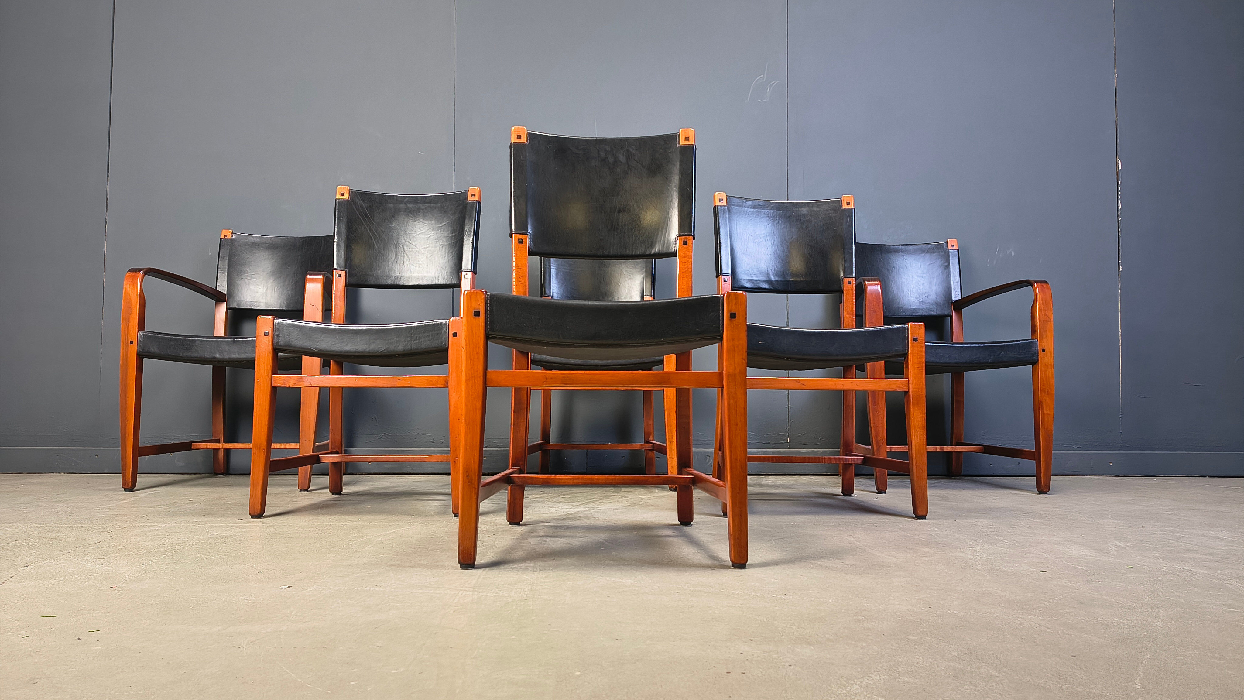 Vintage Spanish leather and wood dining chairs, set of 6 - 1970s