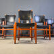 Vintage Spanish leather and wood dining chairs, set of 6 - 1970s