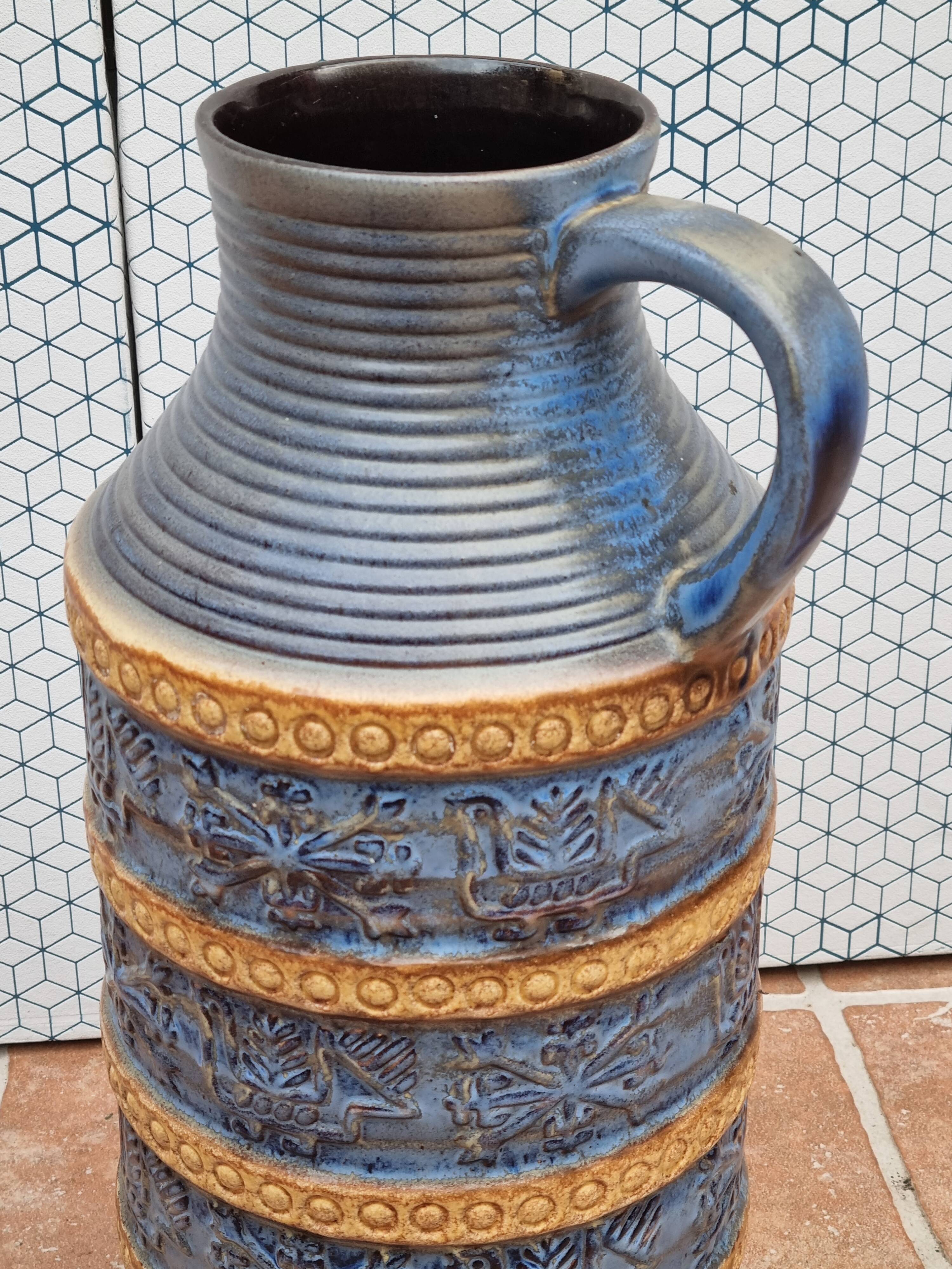 Large Bay Keramik vase in blue and ochre ceramic – West Germany, 47 cm