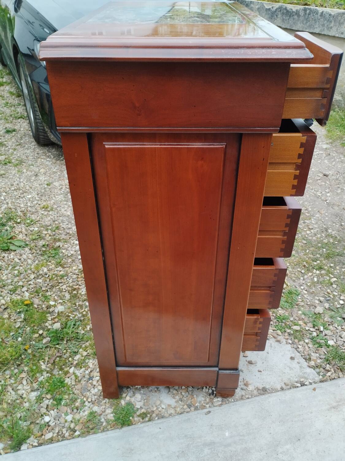 Antique weekly chest of drawers, Louis XVI style marble top