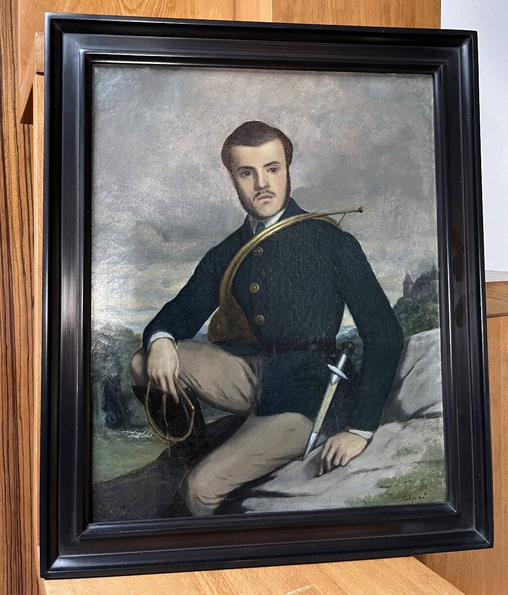 French school early 20th century, Portrait of a hunter, oil on canvas signed