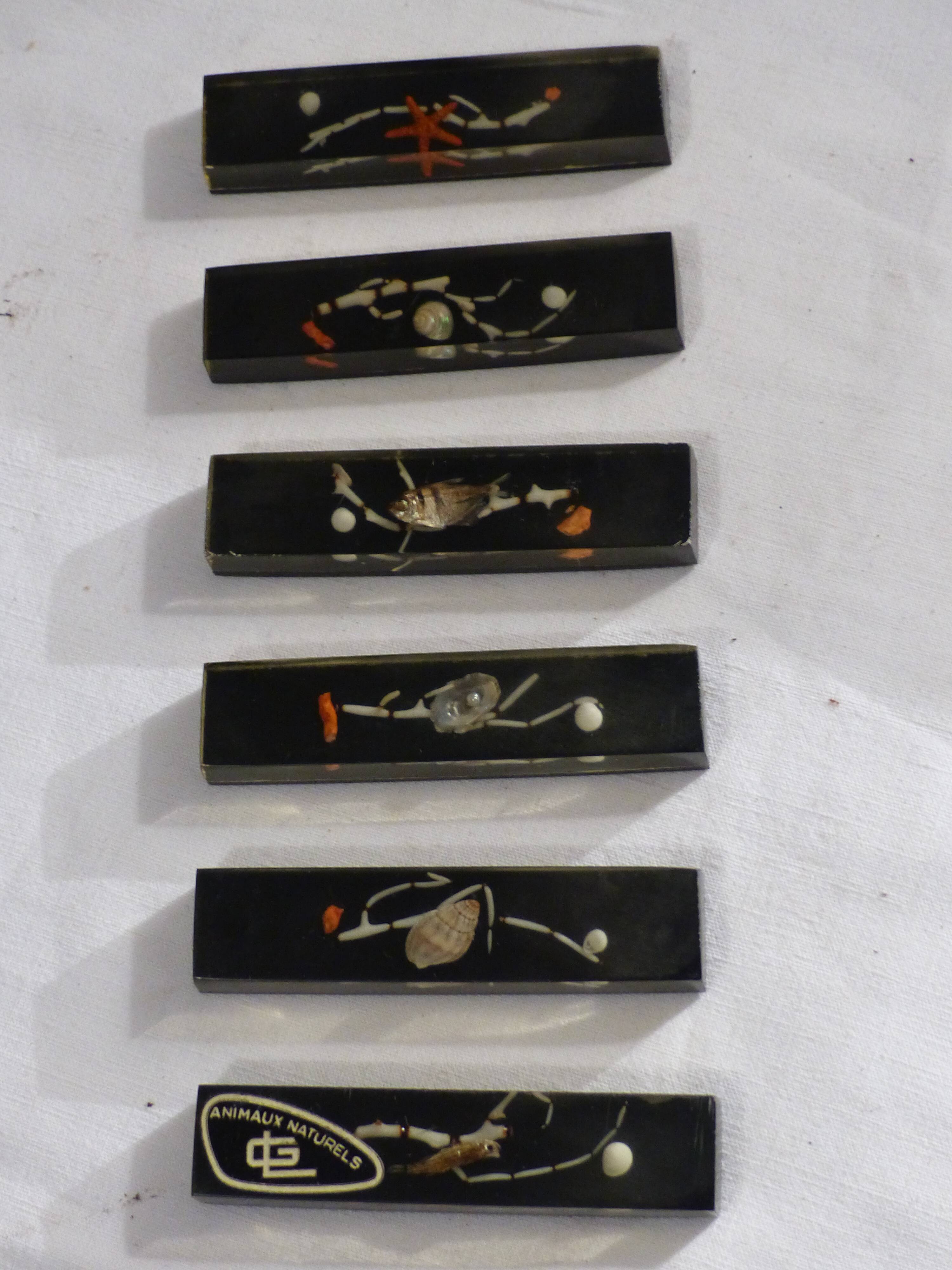 6 vintage knife holders, resin inclusion, shells.