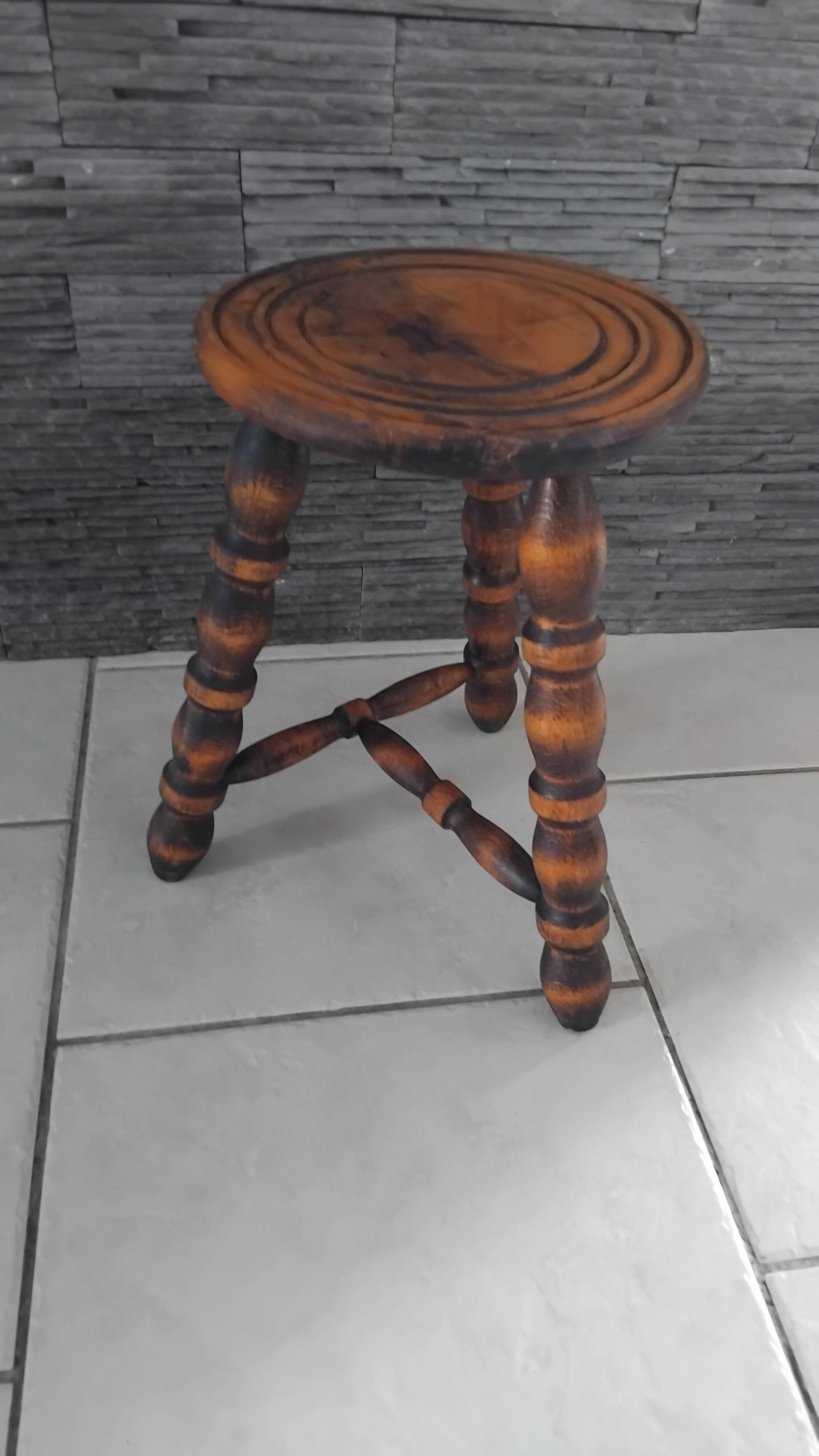 Old small vintage solid wood tripod stool farmhouse