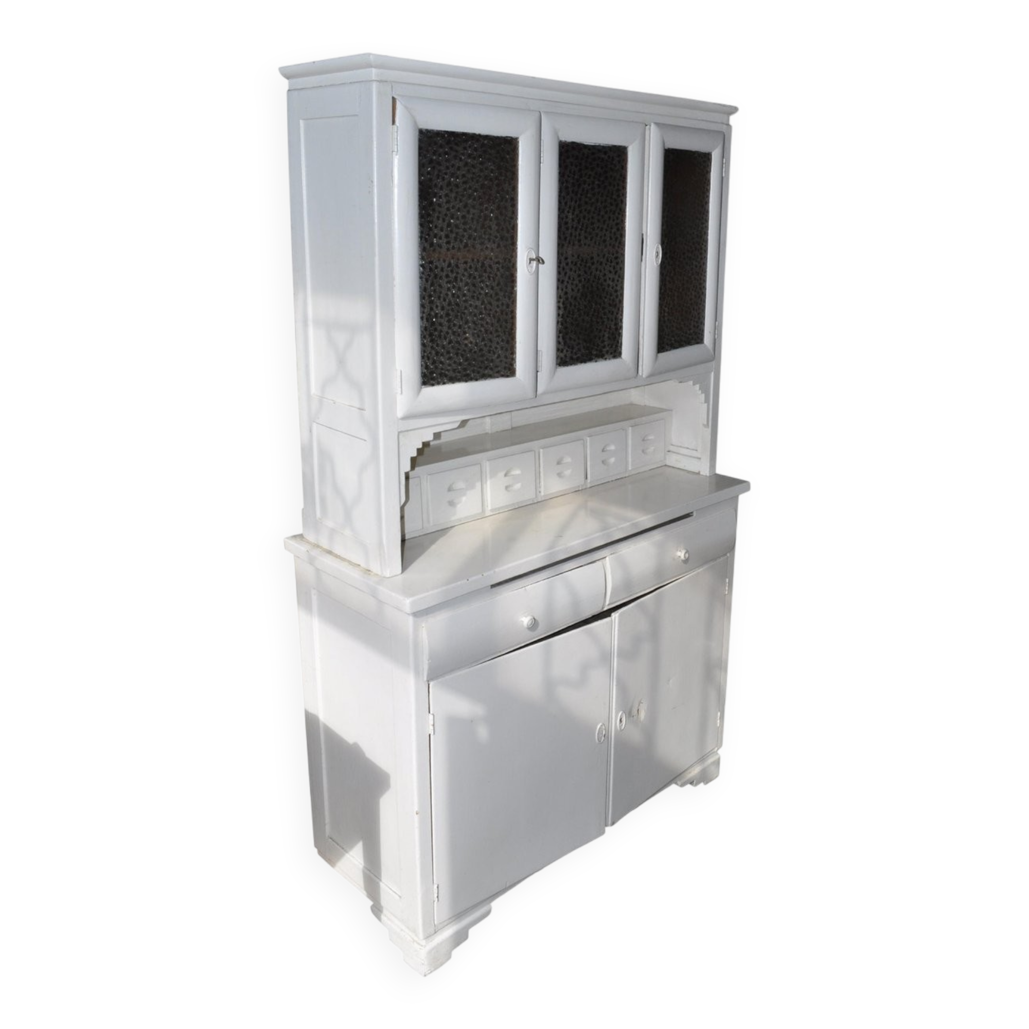 Grey painted pine sideboard with display cabinet and mirror effect glass, early 20th century.