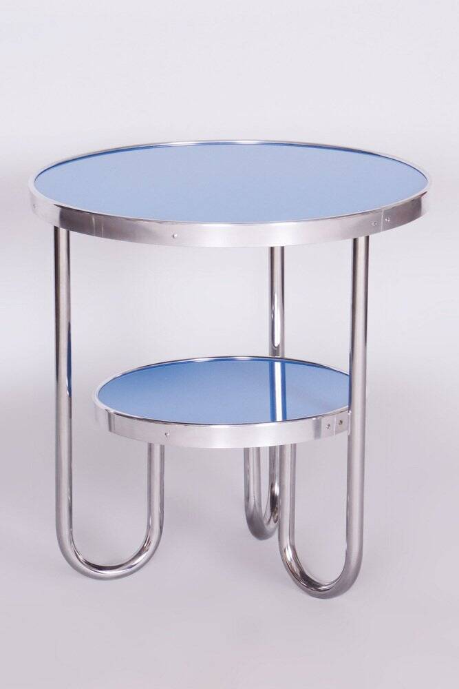 Small Czech Blue Bauhaus Table in Chrome from Kovona, 1930s