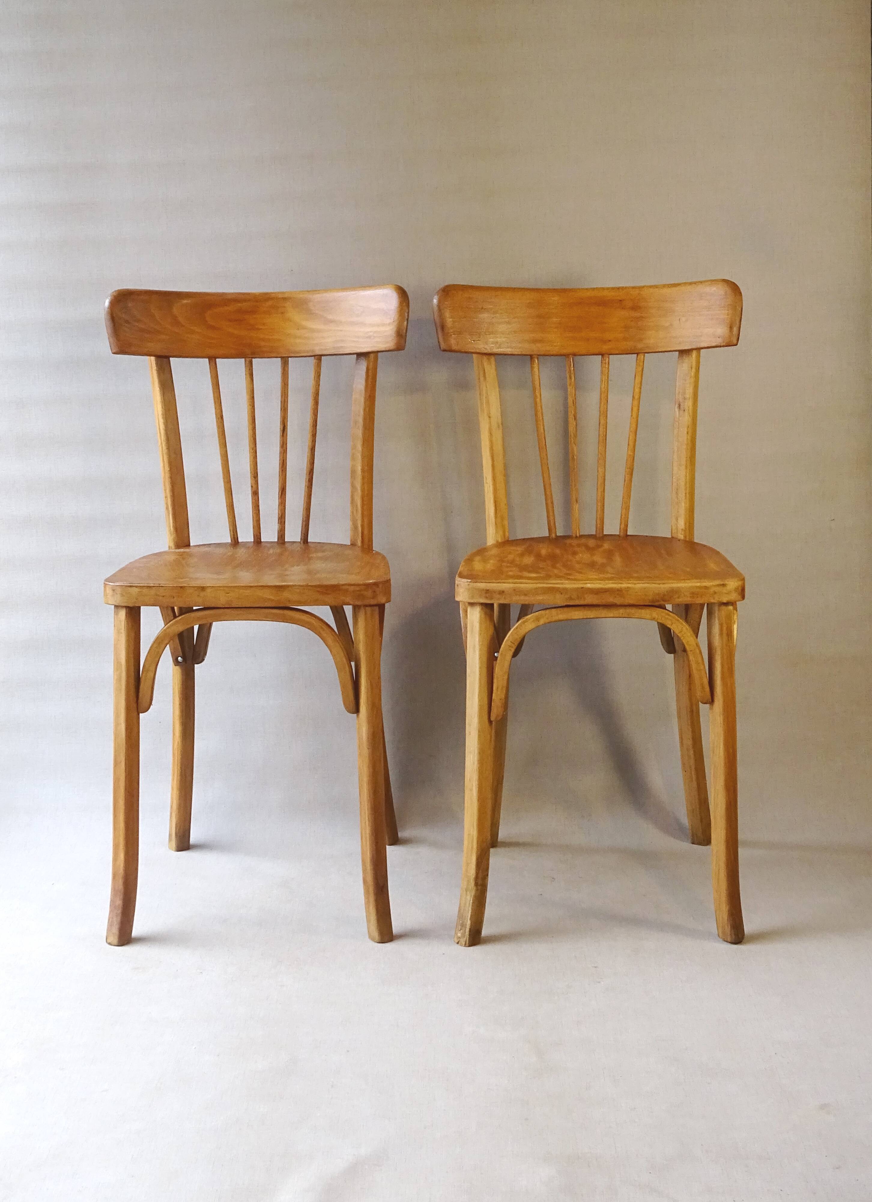 2 chaises bistro par Luterma blondes, 1950, barreaux en éventail