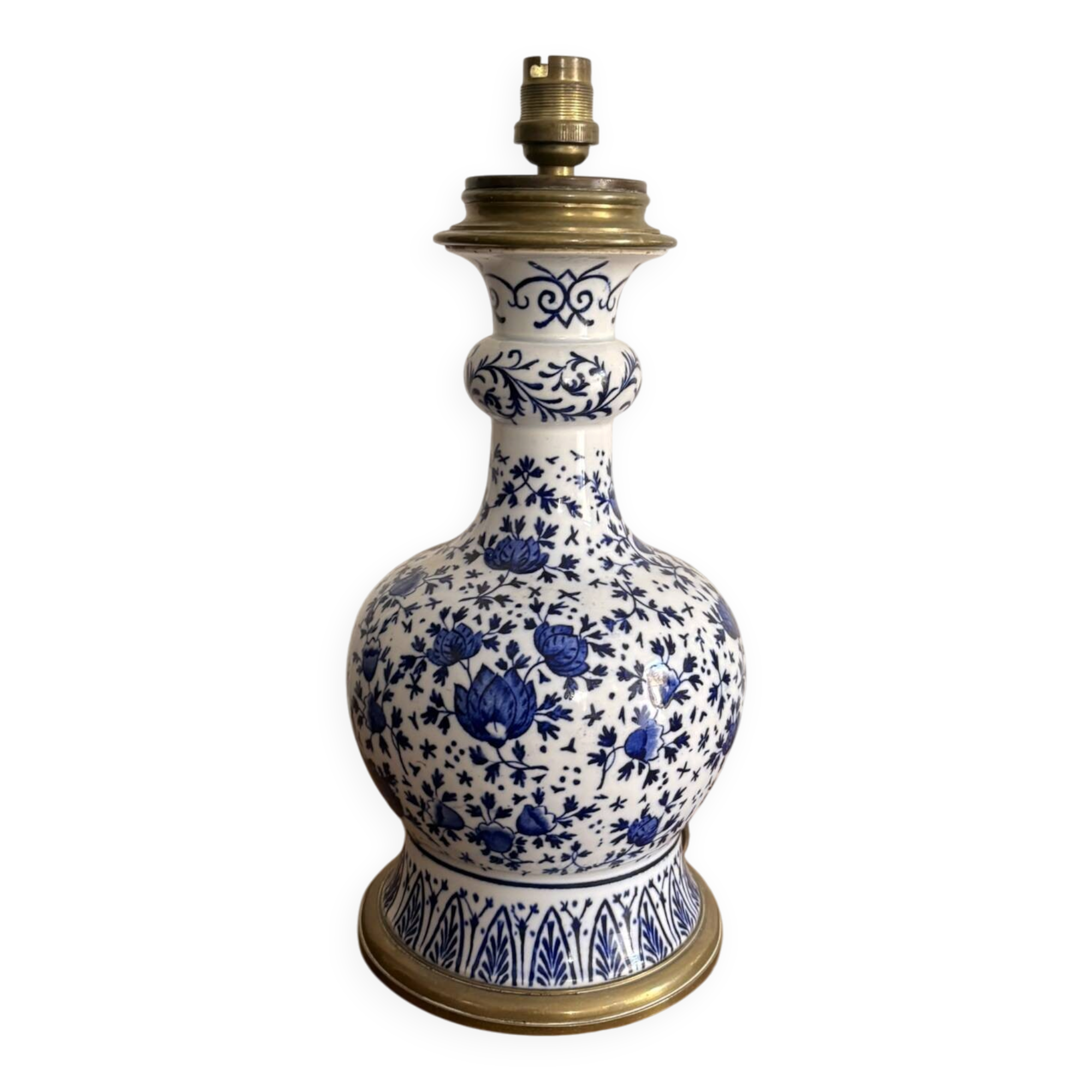 Ancien Lampe Poser Faïence Style Delft Motif Bleu Tulipe Floral