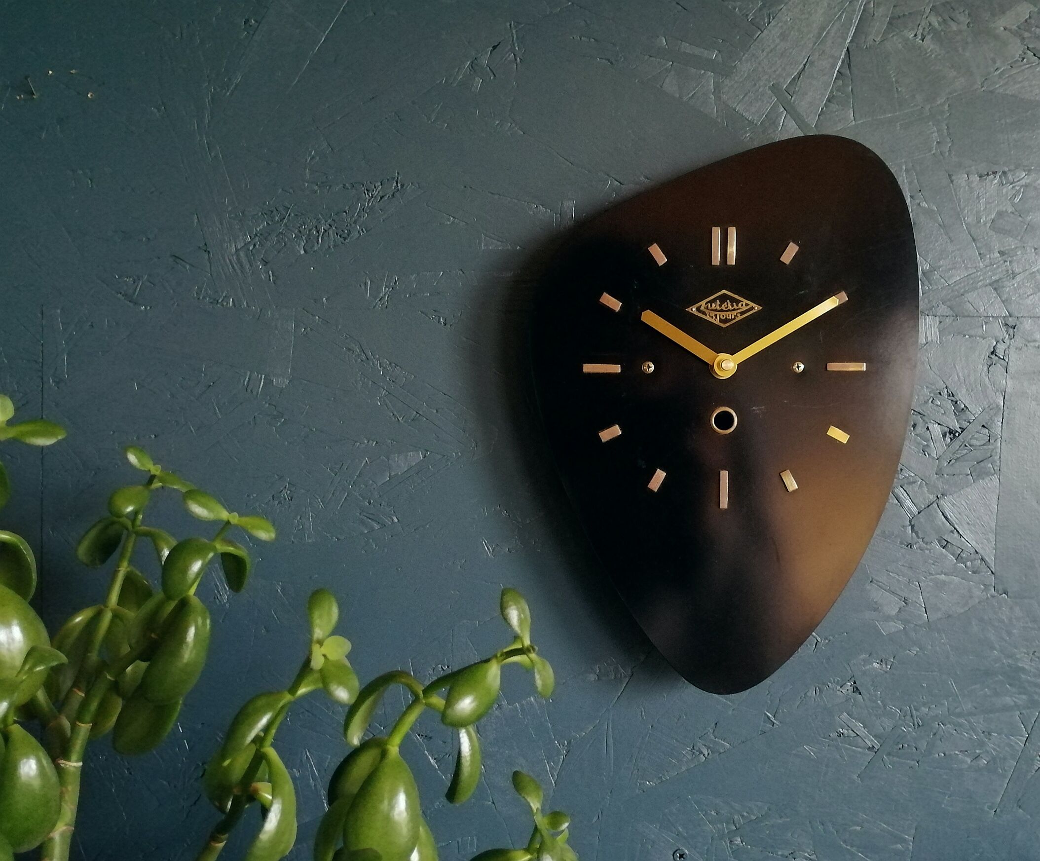 Vintage formica clock asymmetrical silent wall clock "Black Lutecia"