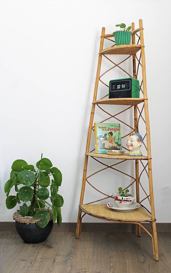 Corner rattan shelf