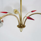 Old 3-branched chandelier, 3 red arrows, brass and diamond glass tubes. Year 60