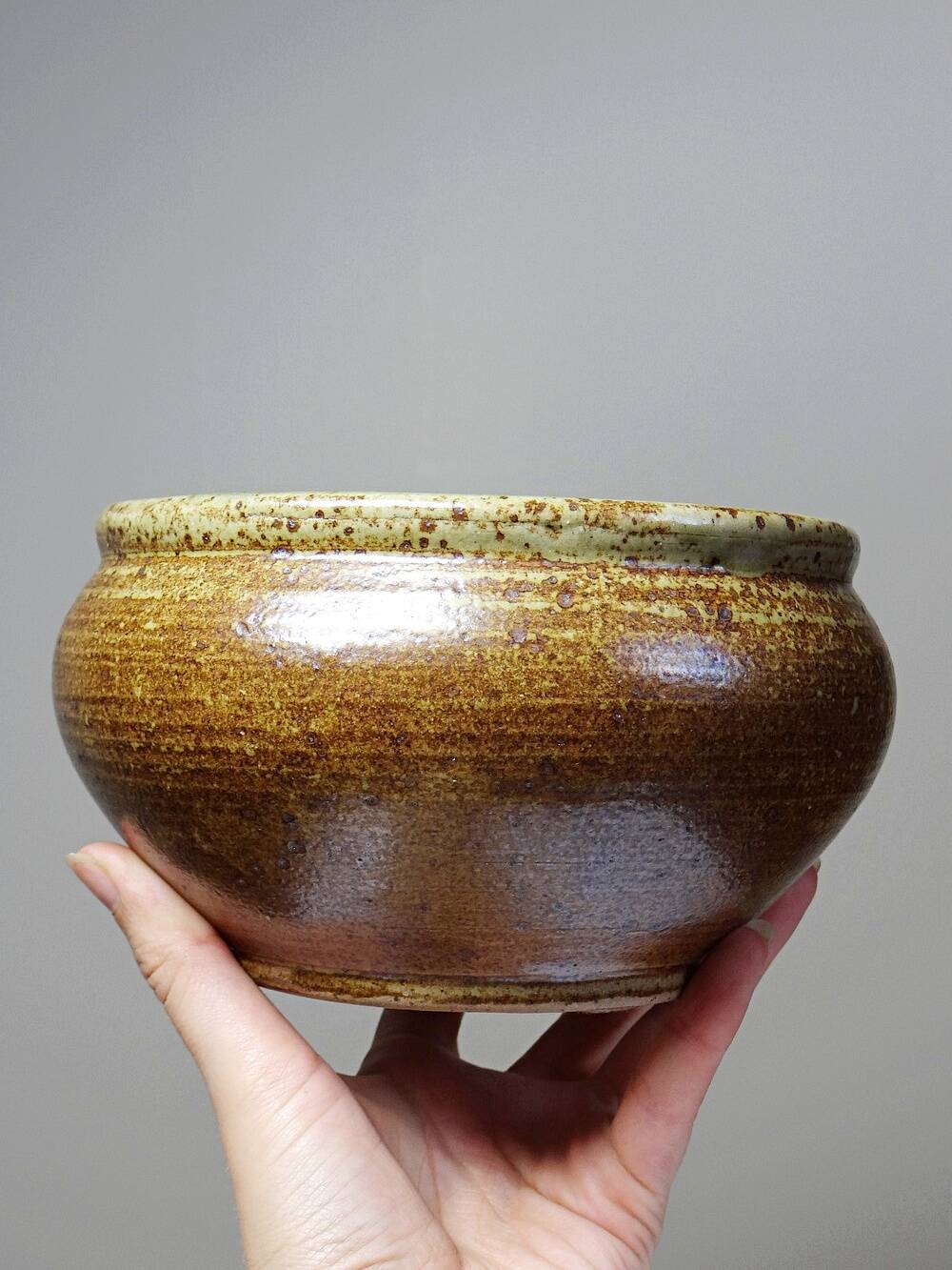 Vintage stoneware bowl or planter with ash glaze, rustic wabi sabi style