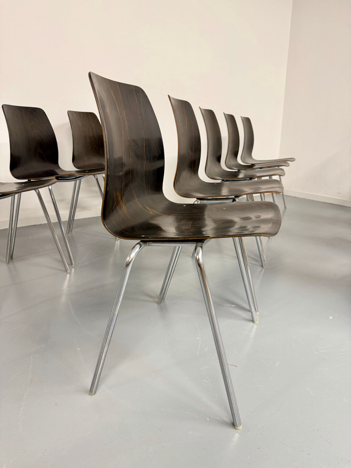 Set of 12 wooden and chrome chairs, Pagholz design from the 80s, vintage Pagwood.