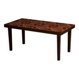 Wooden Veneer Low Side Table with Colourful Flower Ceramics Top, 1970s