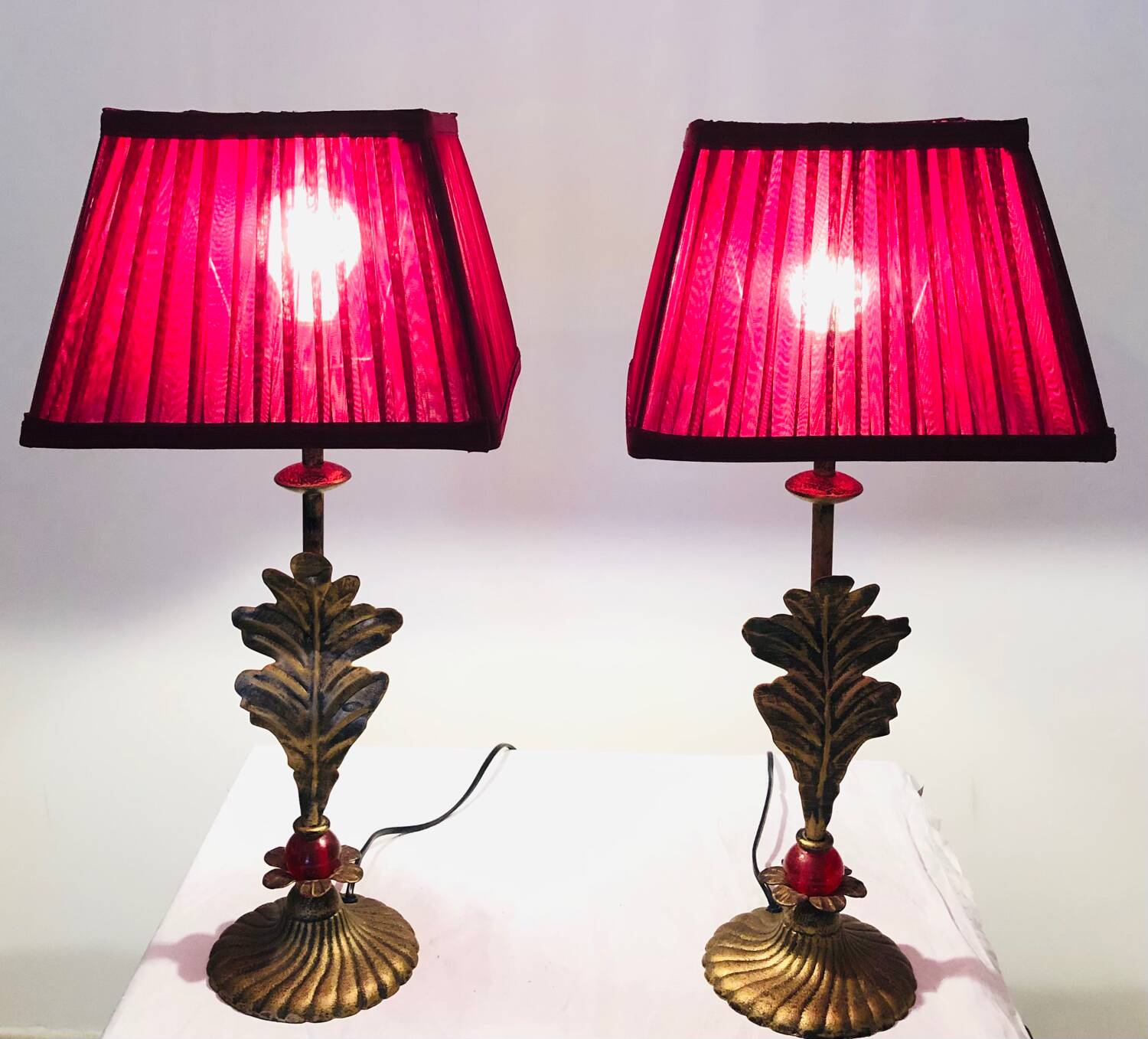 Pair of vintage golden acanthus leaf decorative lamps