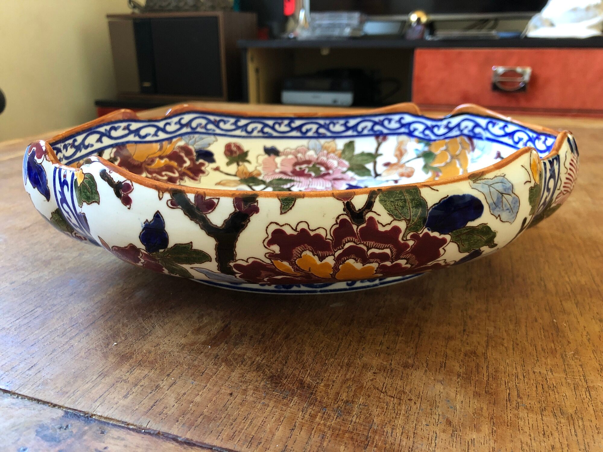 Ceramic hollow dish gien France decoration flowers peony hand painted