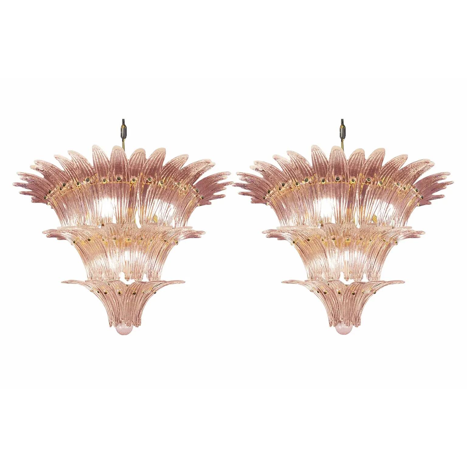 Pair of Iconic Mid-Century Modern Pink “Palmette” Murano Glass Chandeliers