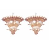 Pair of Iconic Mid-Century Modern Pink “Palmette” Murano Glass Chandeliers