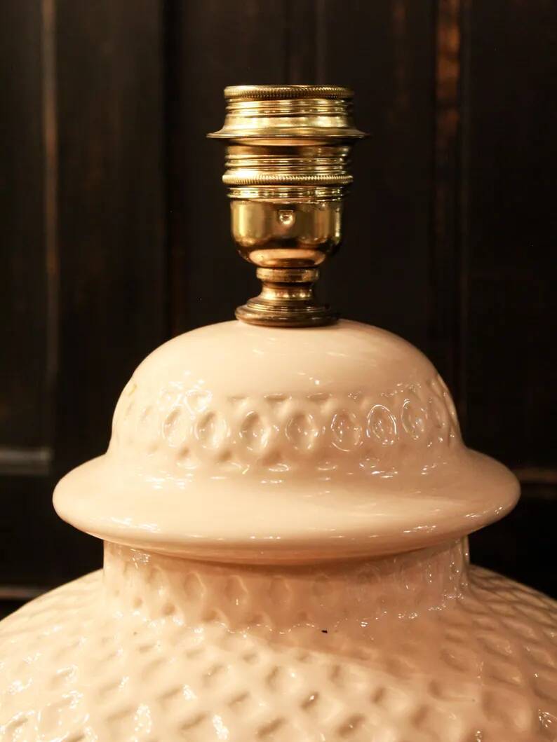 Pair of textured cream ceramic table lamps from Manises.