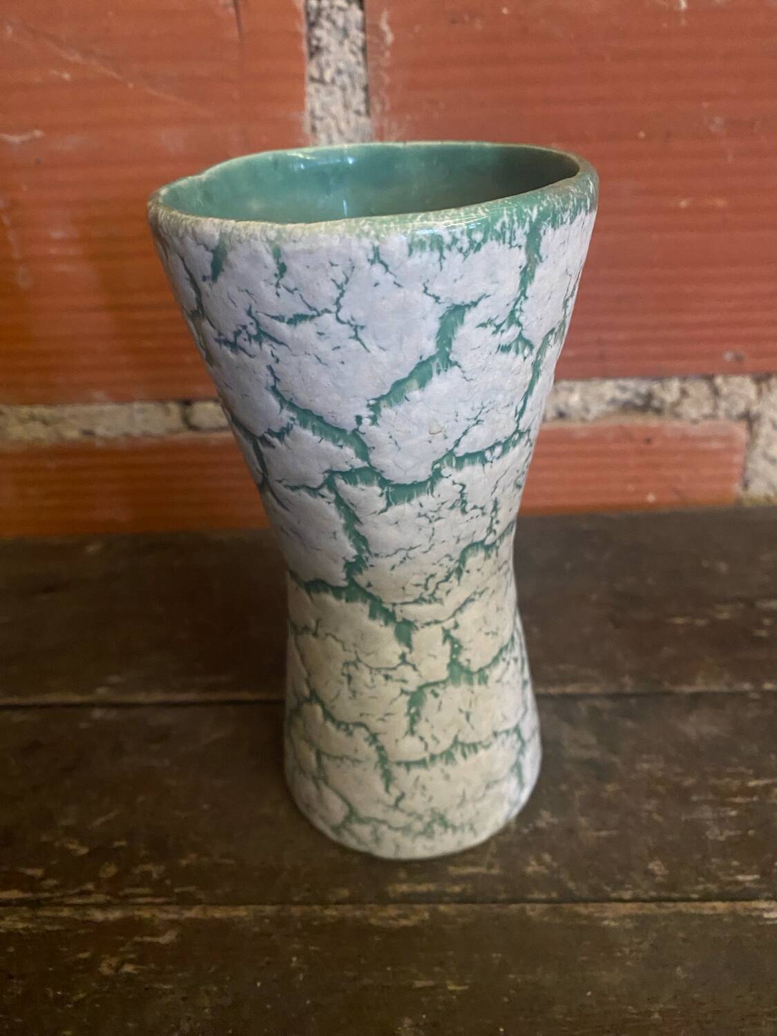 Antique Diabolo Vase VALLAURIS Cracked White & Green Ceramic Vintage