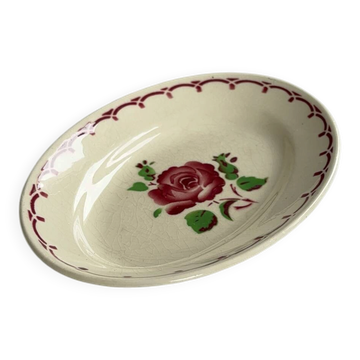 Oval Ravier Badonviller in vintage earthenware, vintage pink red dish.