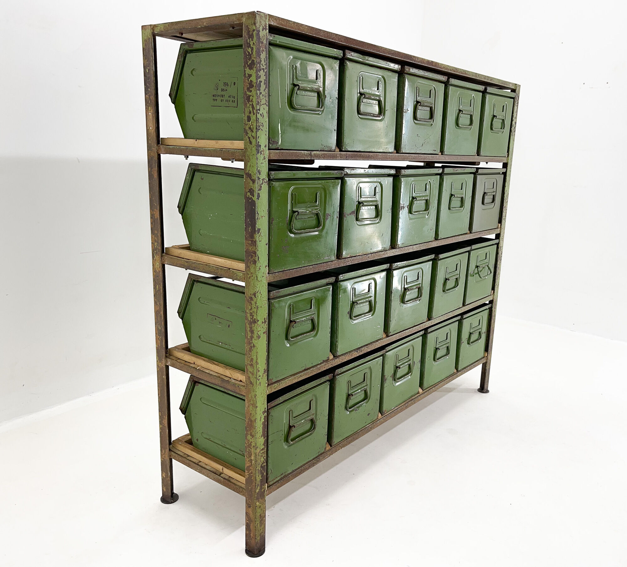 Vintage industrial cabinet, 20 iron drawers, wooden top, 1950's