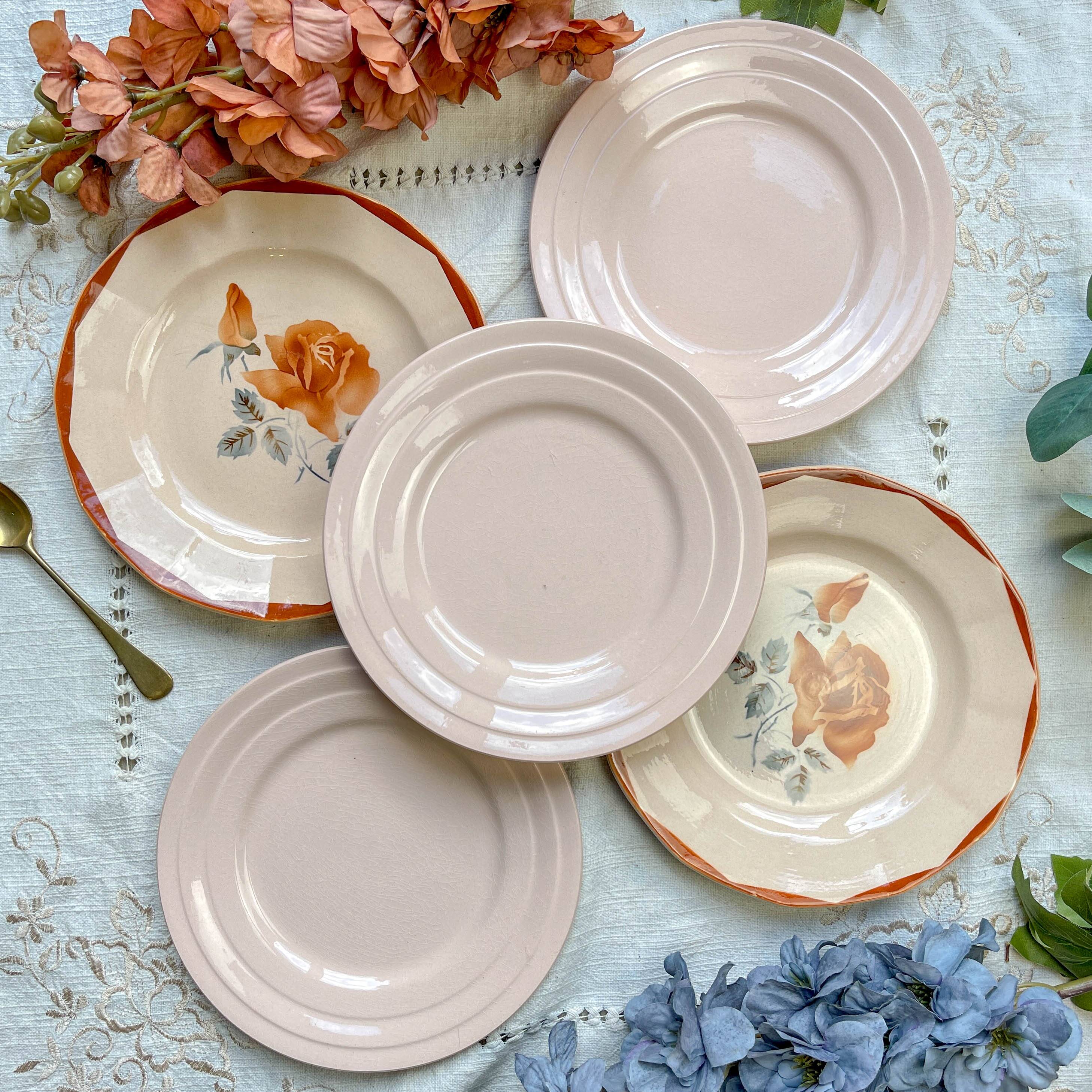 5 Small mismatched pink floral plates 1950 - DIGOIN SARREGUEMINES