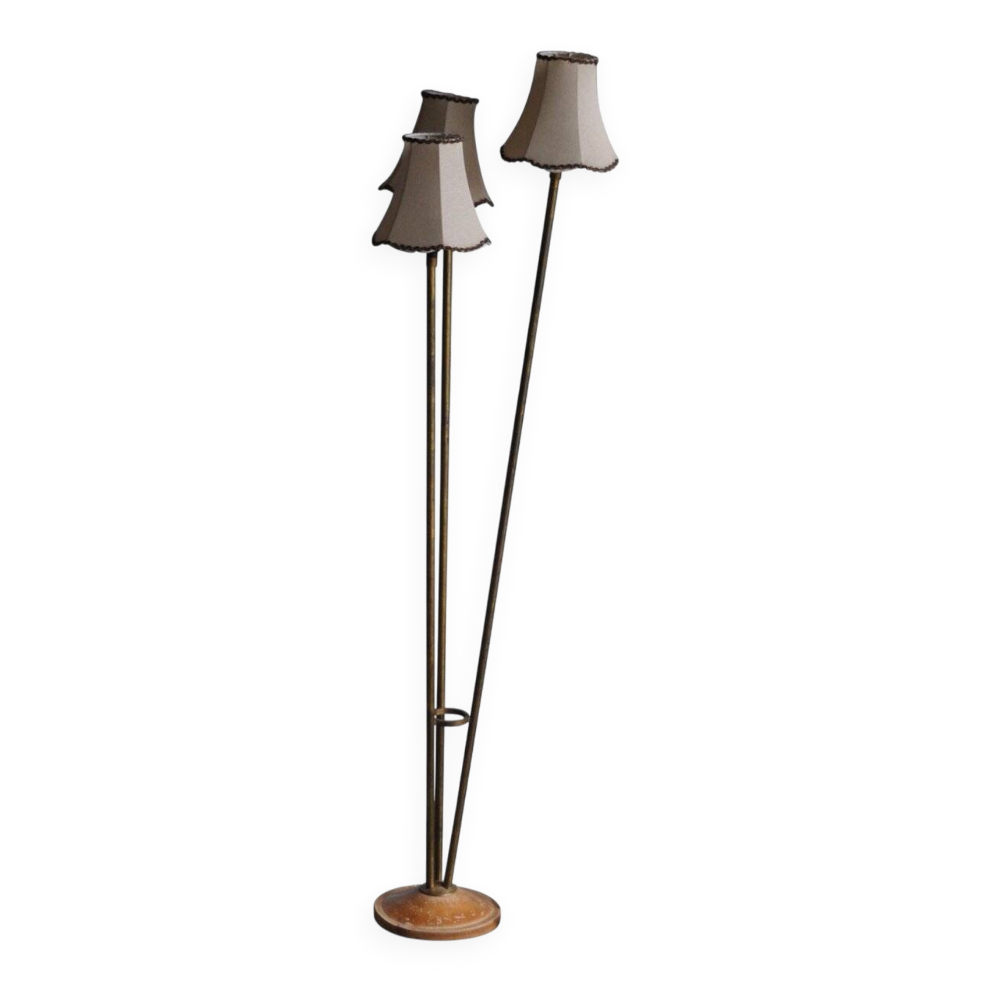 Lampadaire Art Déco 1940s en laiton et base bois, 3 branches, abat-jours beige