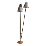 Lampadaire Art Déco 1940s en laiton et base bois, 3 branches, abat-jours beige