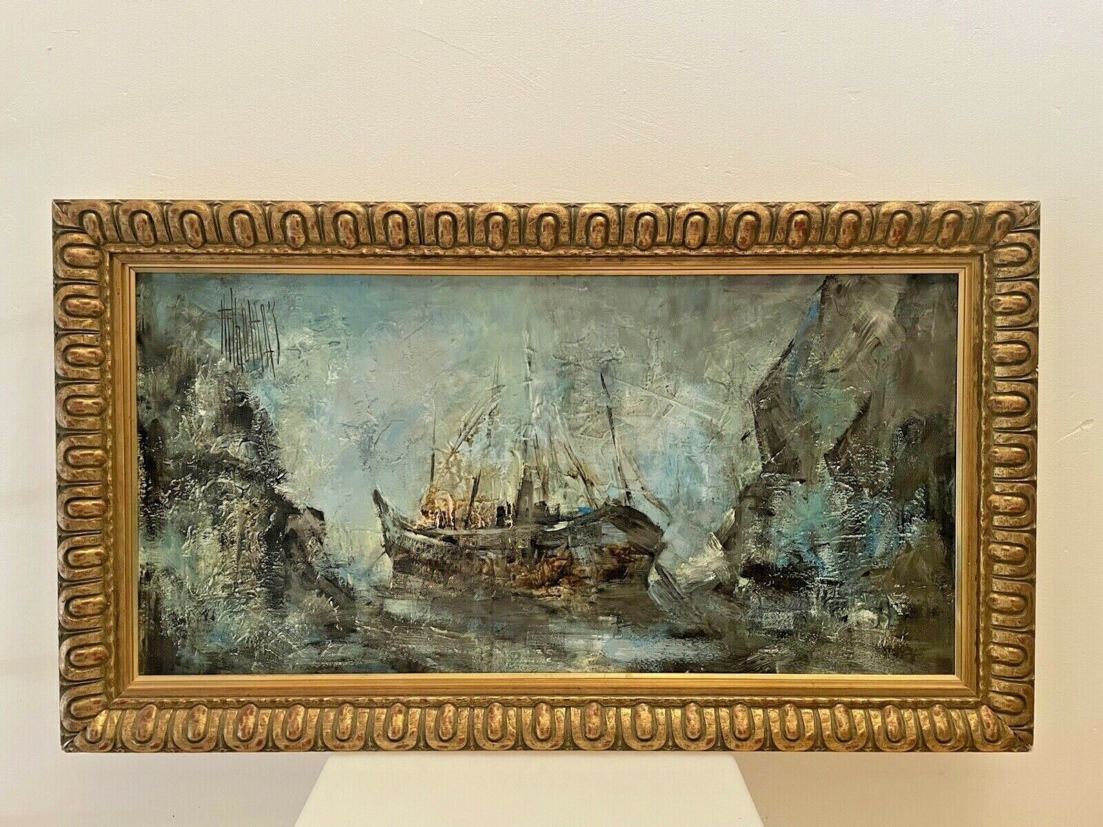 Marcel thomas jura painter, large oil on canvas, marine, trawler