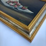 Old painting still life strawberries and diary of F. Vernet