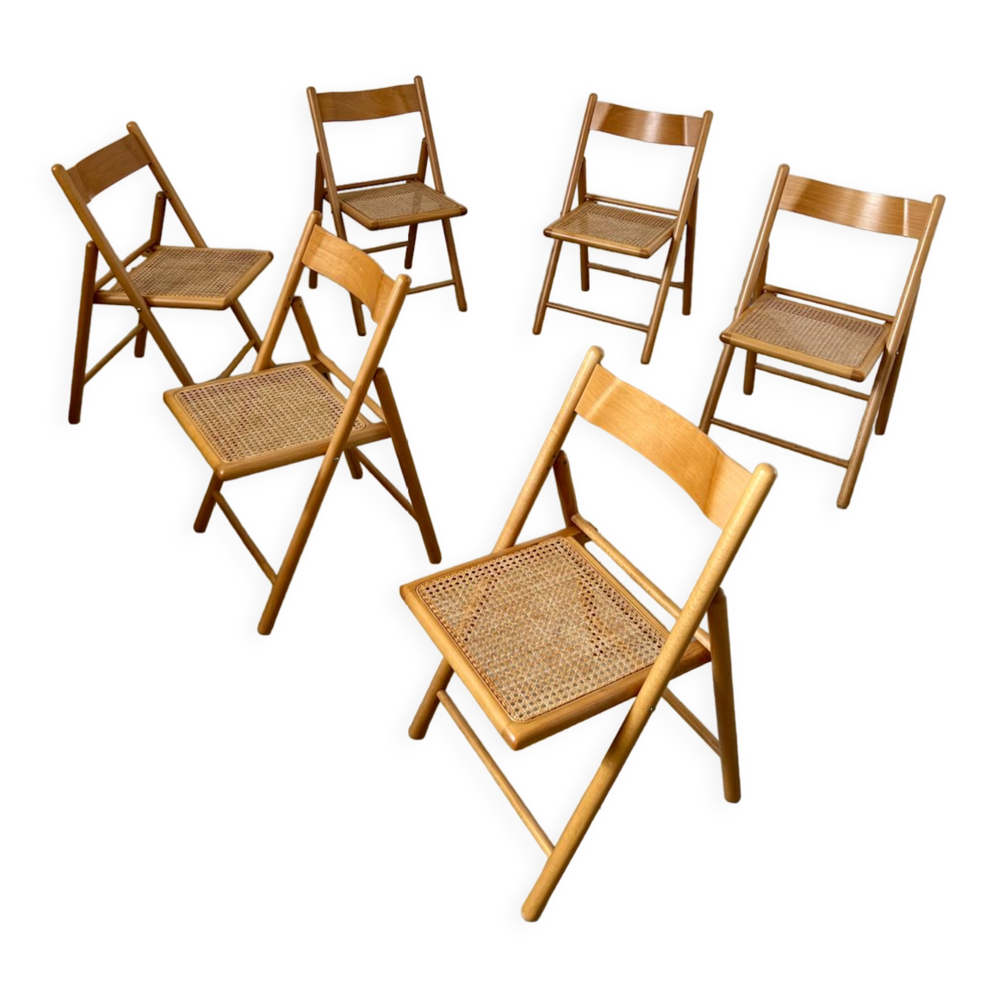 Lot 6 folding wooden chairs and vintage rattan canning year 60