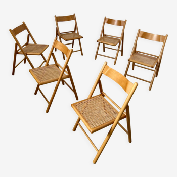 Lot 6 chaises pliante en bois et cannage rotin vintage année 60